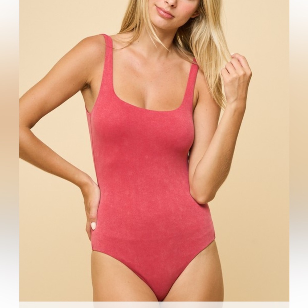 Red washed square neck bodysuit NWOT